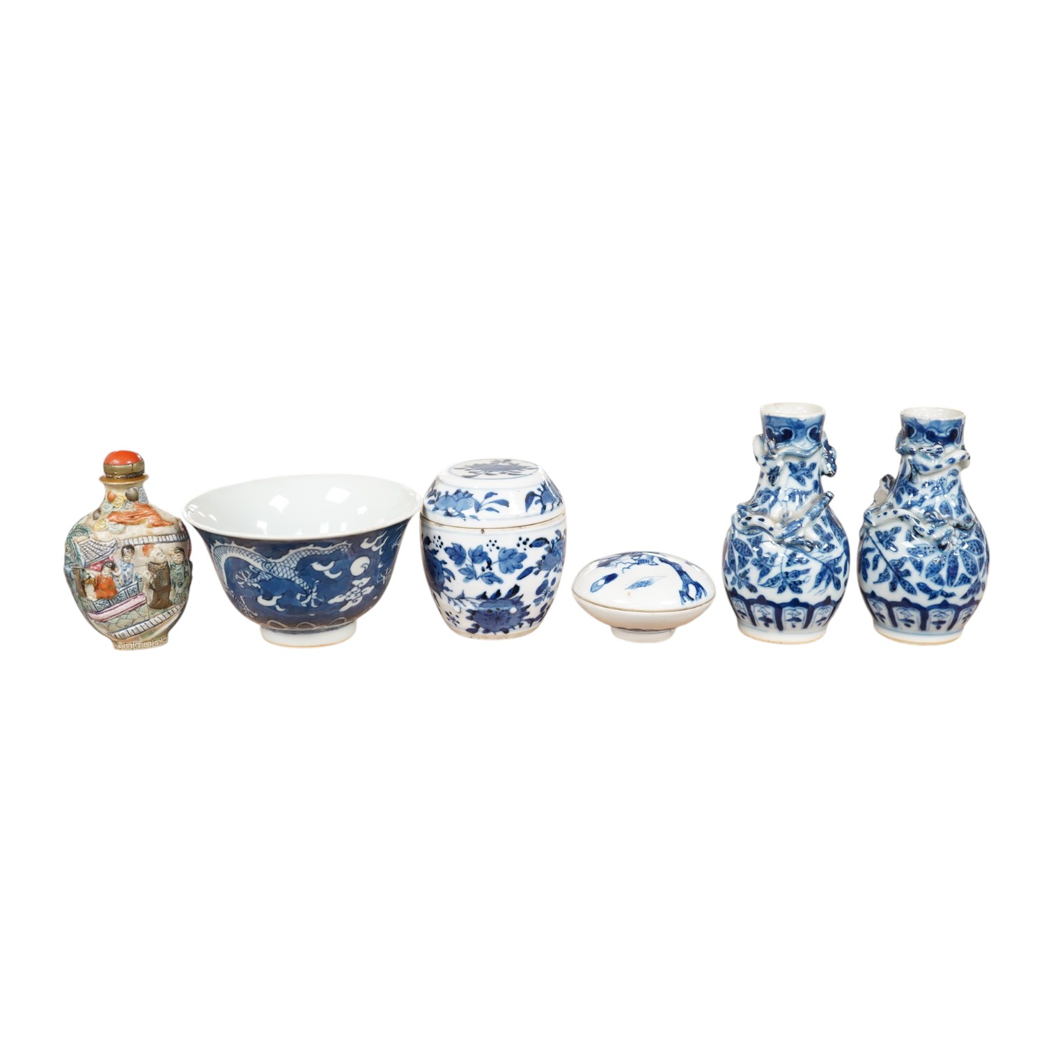 19th/20th century Chinese ceramics to include a pair of blue and white Chinese vases, circular seal box and cover and a snuff bottle with stopper, largest 9.5cm in diameter (6) Condition - mostly good